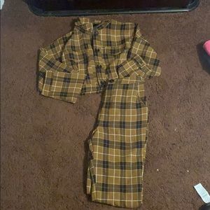 dark brown plaid jacket and pants set